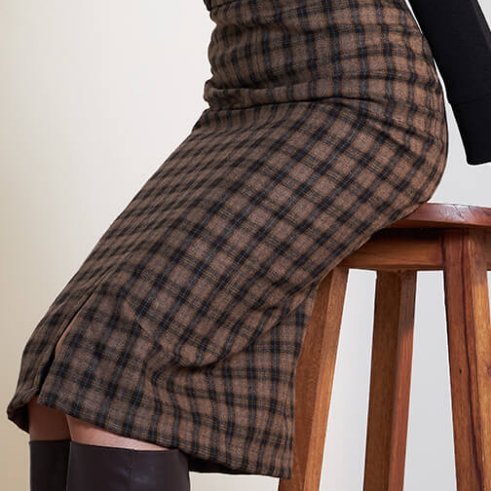 New Brown & Black Checkered Plaid Pencil Skirt